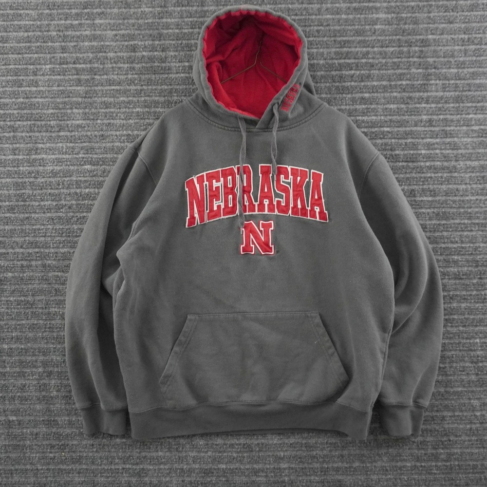 Vintage Stadium Athletics Hoodie Men Large Gray Nebraska Huskers Applique